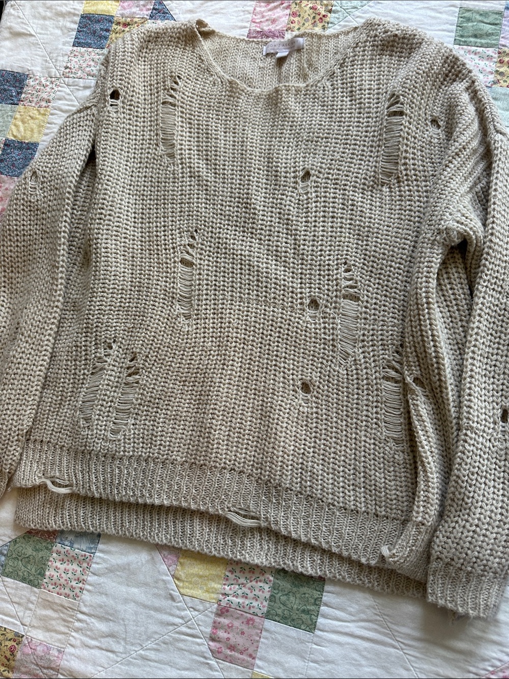 T—Distressed Open-Knit Crewneck Sweater - Cream
